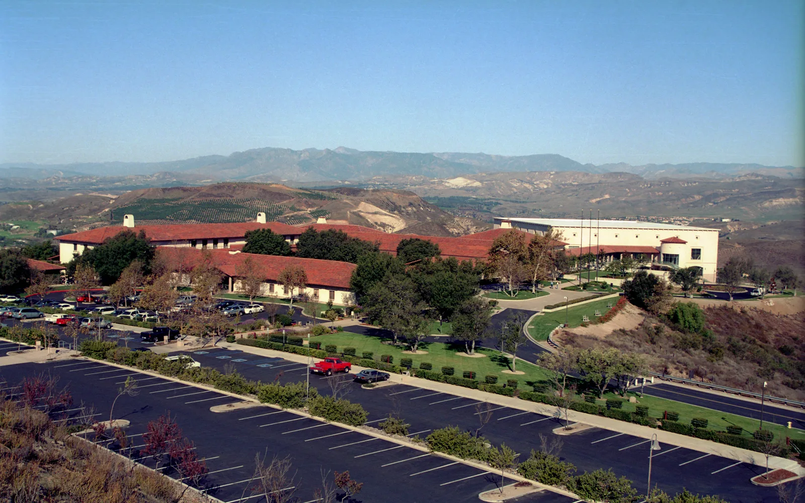 Exterior view of the Ronald Reagan Presidential Library building in Simi Valley, showing the modernist architecture and hilltop setting